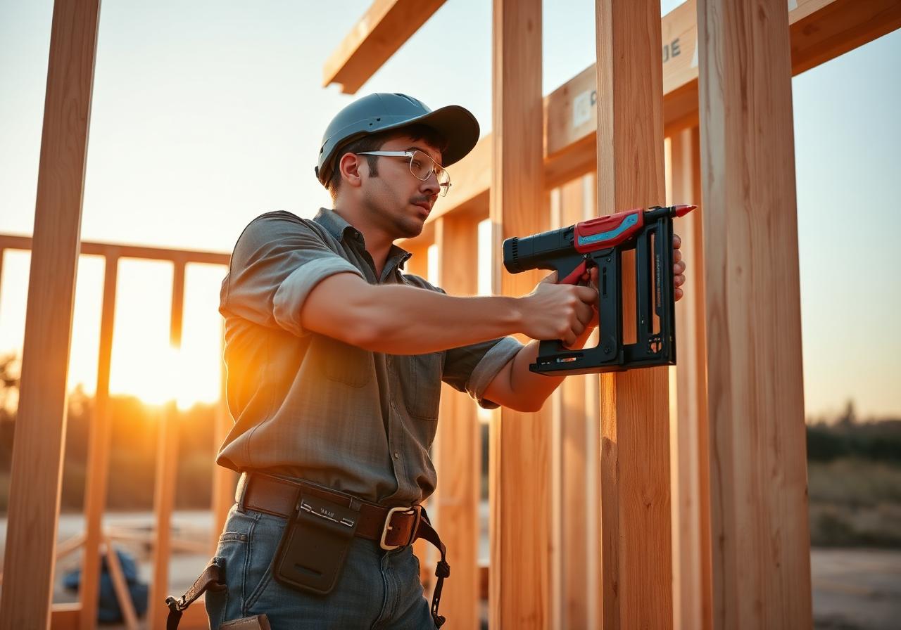 Carpenter framing a structure on a jobsite
