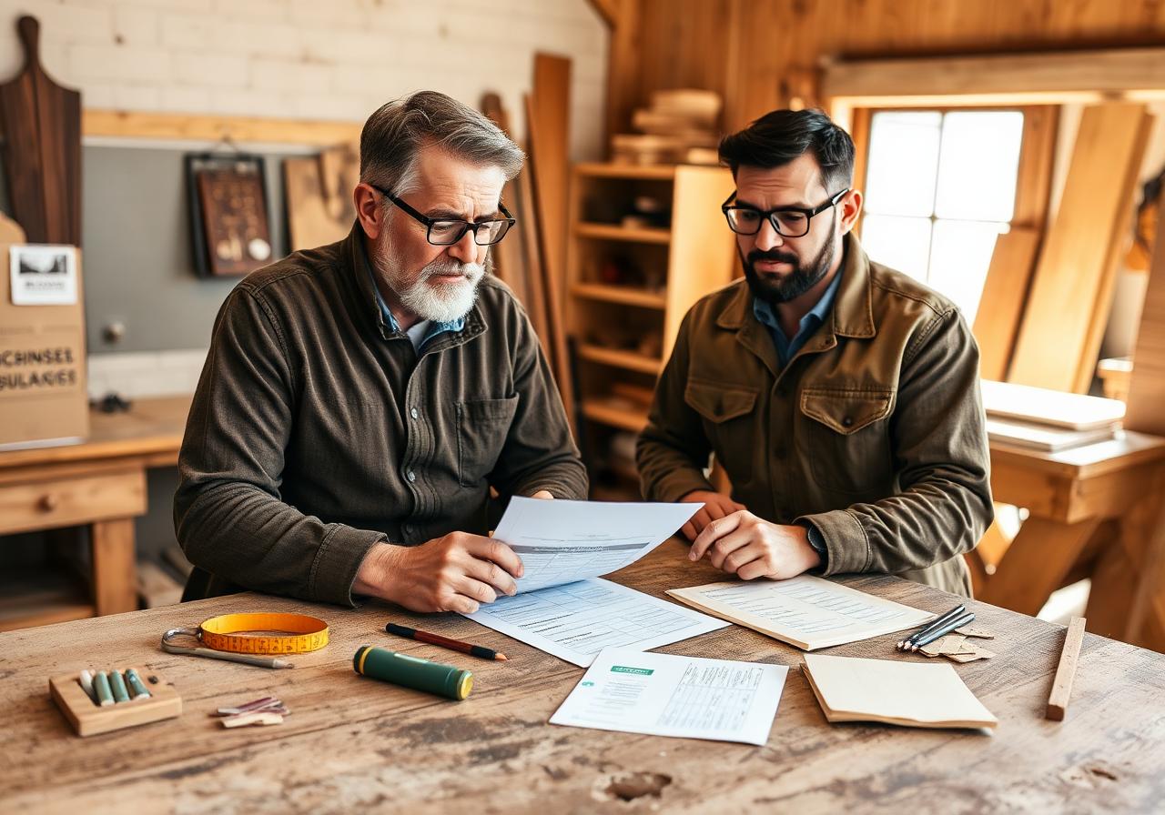 Carpenter reviewing health insurance documents with an advisor in a workshop